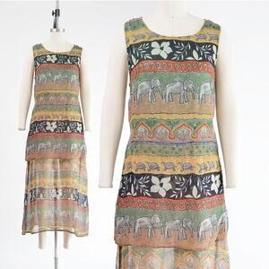 Vintage 90s Sheer Ethnic Boho Elephant and Turtle Print Layered Maxi Dress S M